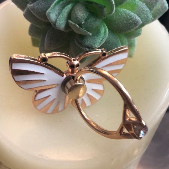 - #163 🤍Cell Phone Ring Stand Holder Grip White Striped Bling Butterfly🤍🦋 - Picture 6 of 17